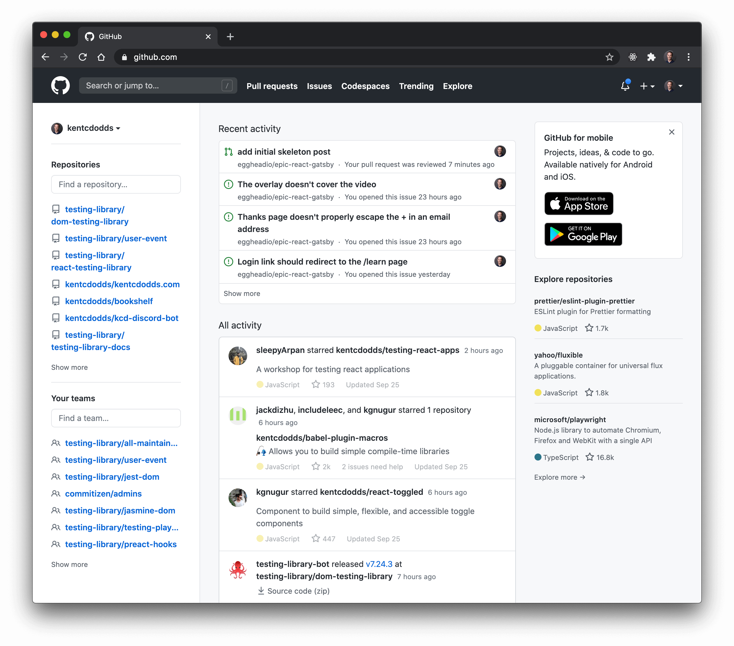 GitHub homepage UI